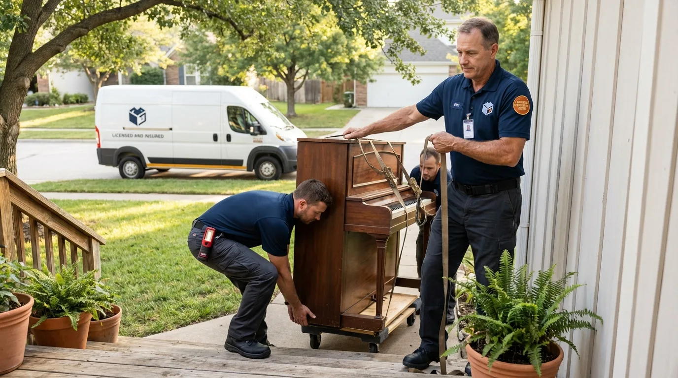 Licensed piano movers securing grand piano in Belton, TX