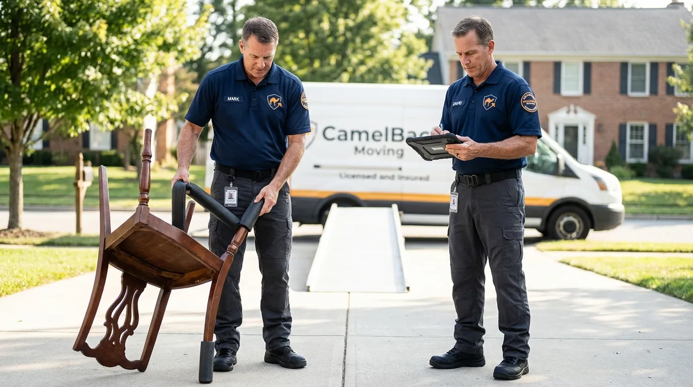 Movers inspecting furniture for damage prevention before loading in Belton, TX